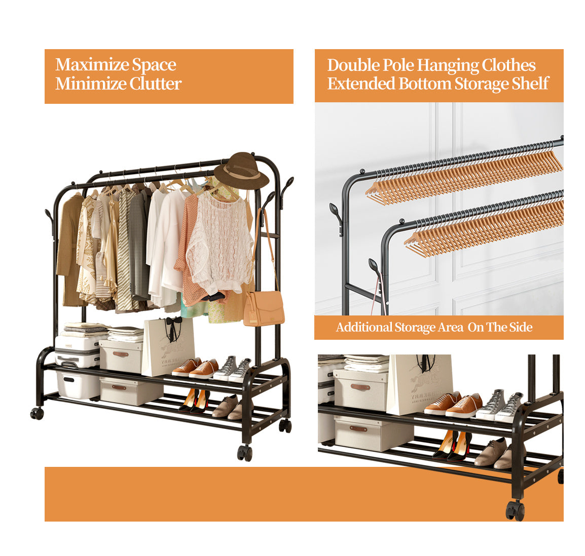 Heavy-Duty Metal Double Bar Clothes Hanger with Wheels – Adjustable & Mobile Closet Organizer
