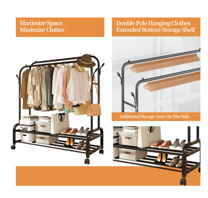 Heavy-Duty Metal Double Bar Clothes Hanger with Wheels – Adjustable & Mobile Closet Organizer