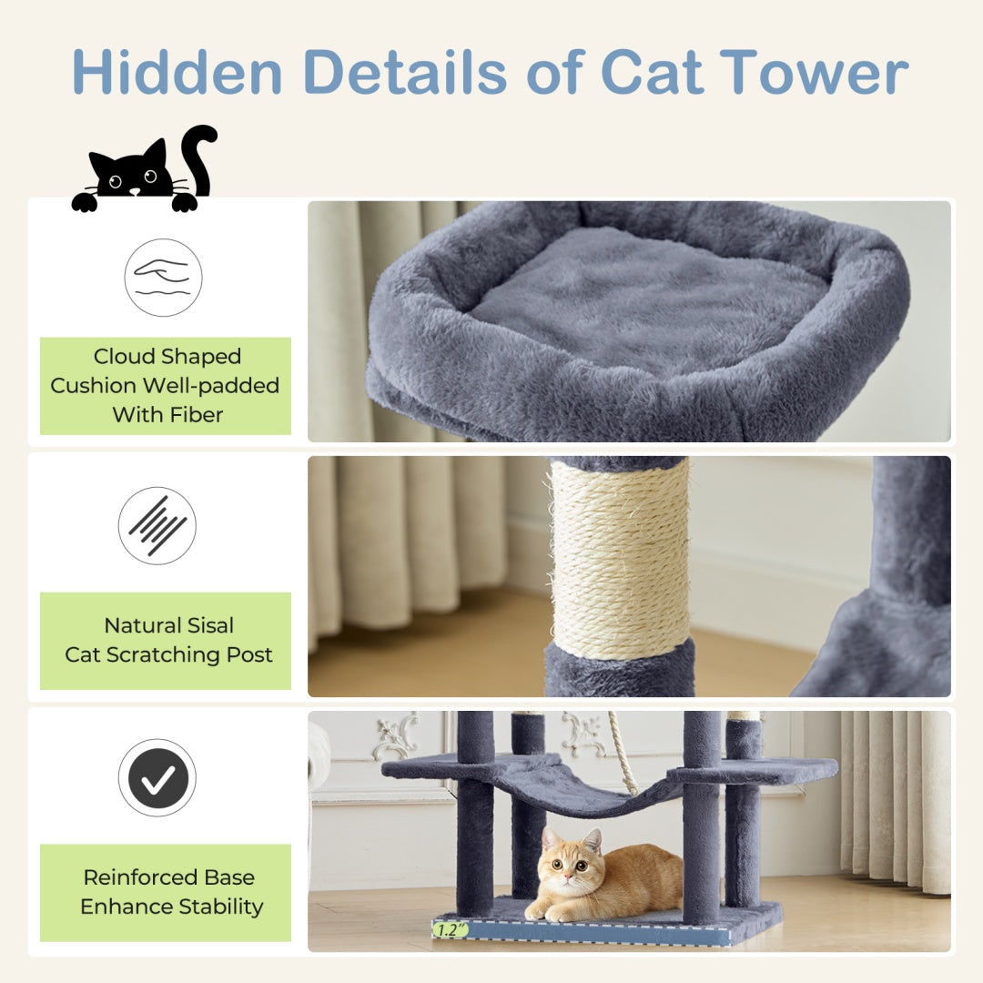 Cat tower with cloud-shaped cushion, sisal scratching post, and cat resting on a platform.