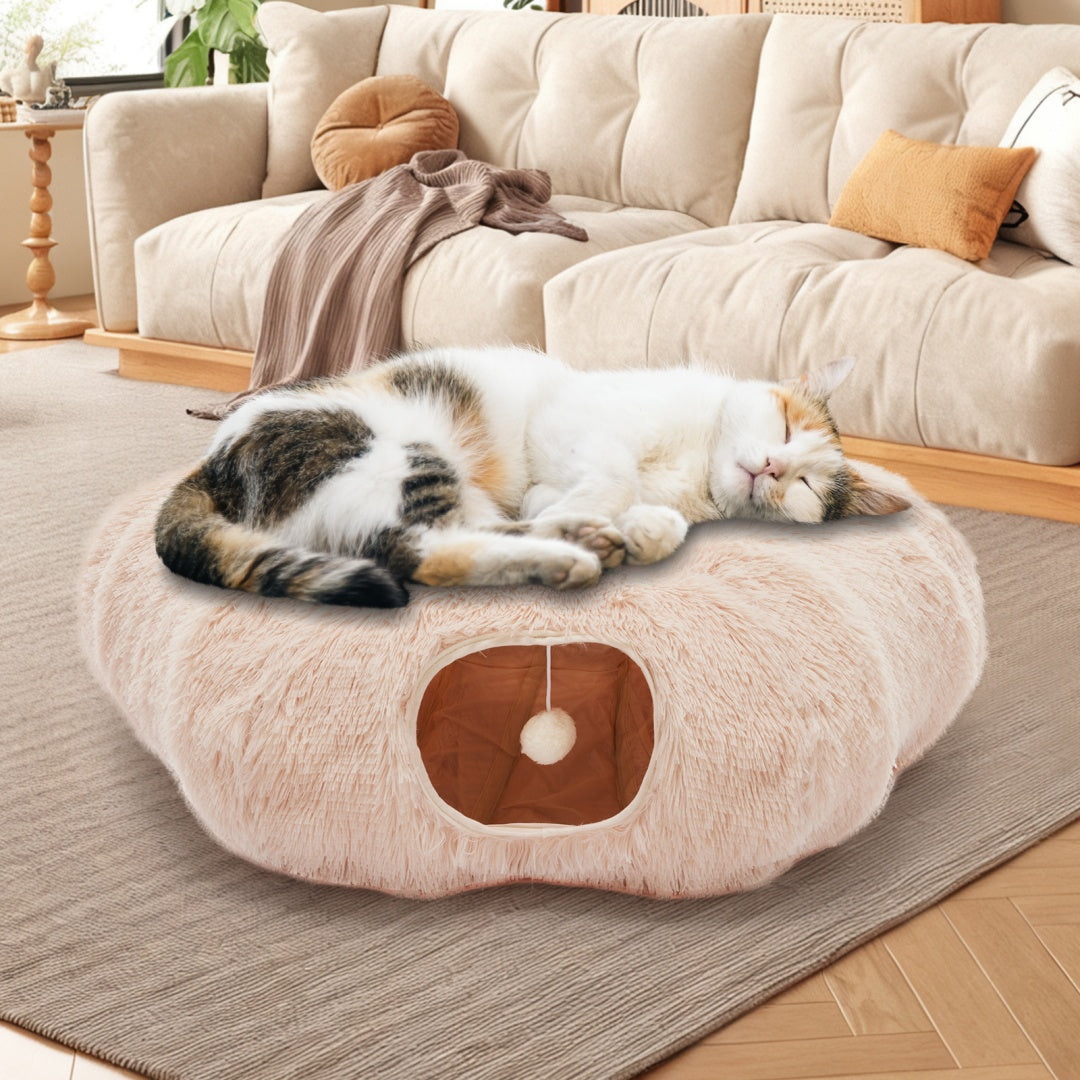 Plush Cat Tunnel with Donut Cat Bed – Peekaboo Cave for Cats, Kittens & Rabbits