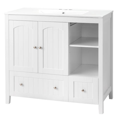 White MDF Painted Double Door Double Drawer With Masking Strip Basin Cabinet 91x46x82cm