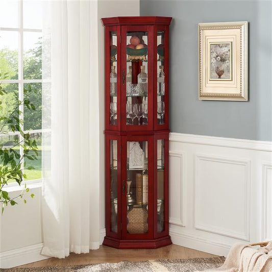 A red corner display cabinet with glass doors and shelves, featuring an integrated LED lamp, placed in a room corner.