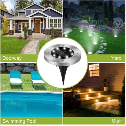 Solar-powered outdoor light fixture with various application scenarios including a house, yard, pool, and stairs.