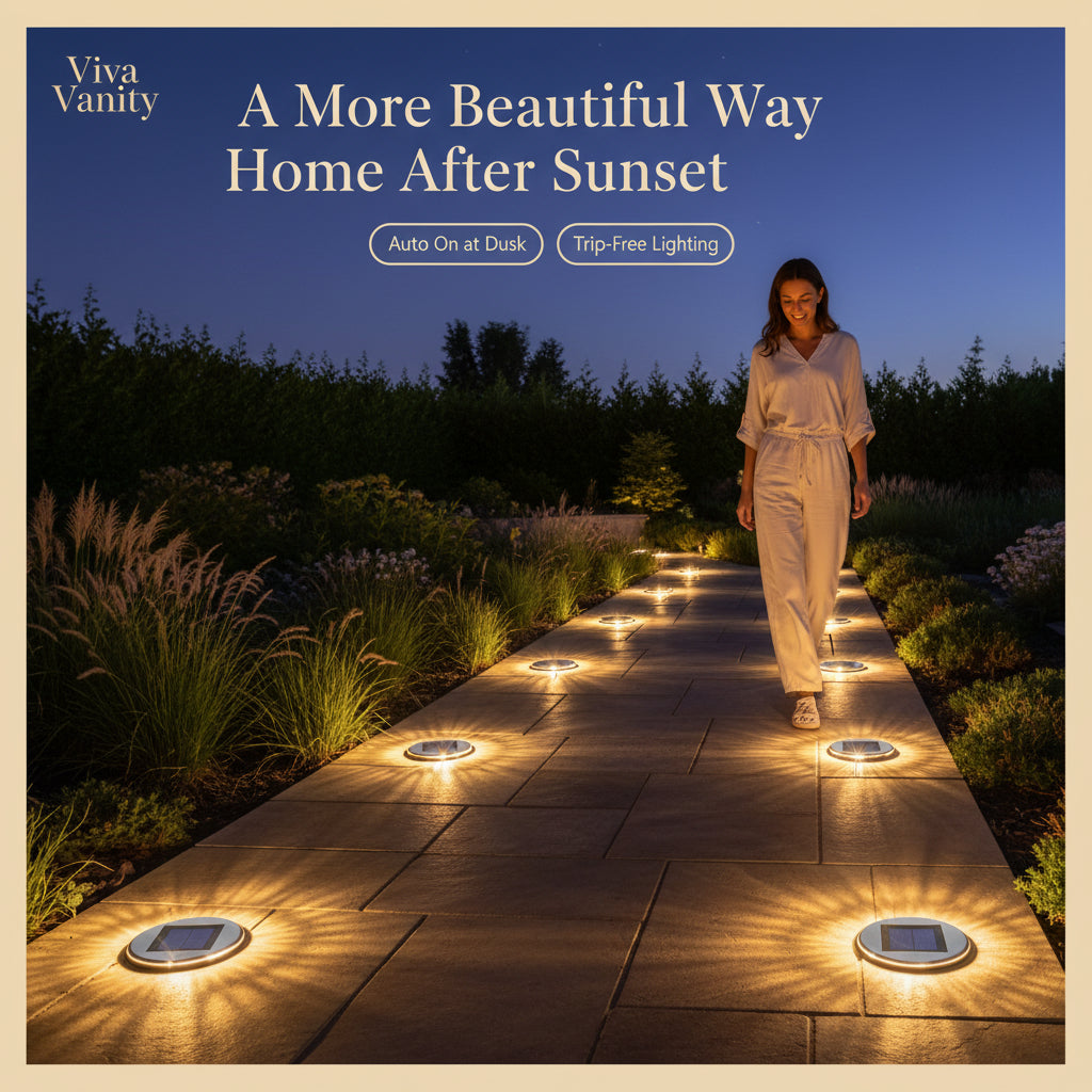 Solar light fixture with various application scenarios including a house, yard, swimming pool, and stairs.