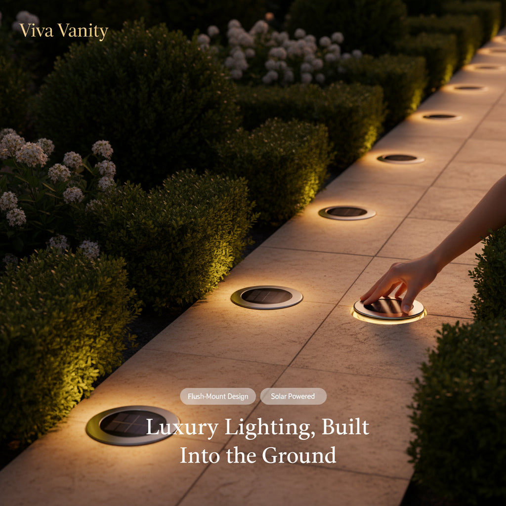 Solar light fixture with various application scenarios including a house, yard, swimming pool, and stairs.