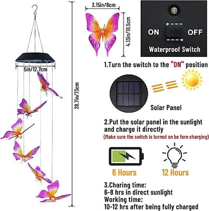 Butterfly-shaped solar wind chime with dimensions and charging instructions.