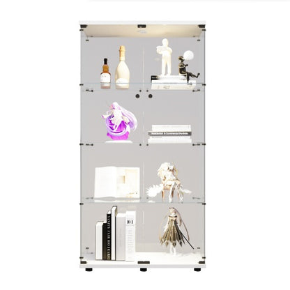 Two-door LED Lights Glass Display Cabinet 4 Shelves With Door, Floor Standing Curio Bookshelf For Living Room Bedroom Office, 64.7x31.7x14.3, White