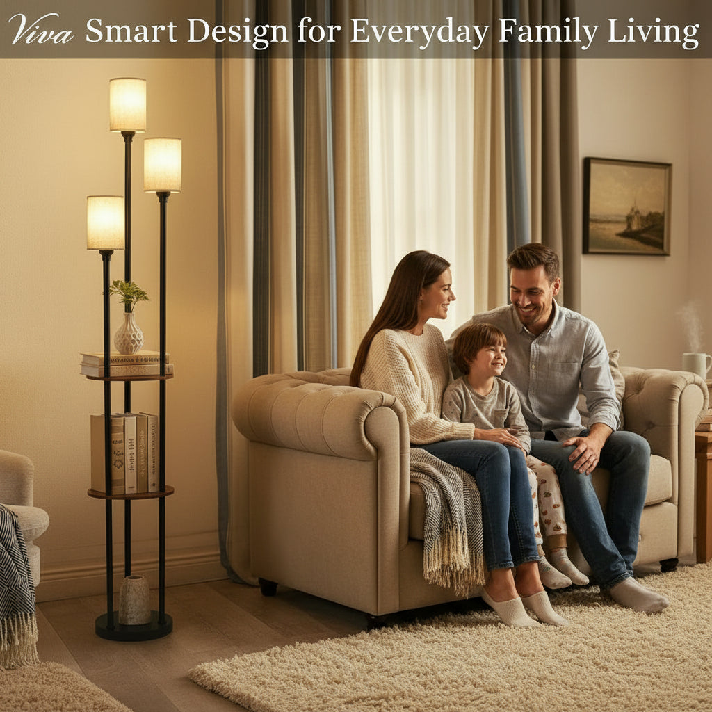 Living room with a floor lamp, books, and a couch with 'Viva Vanity' branding.