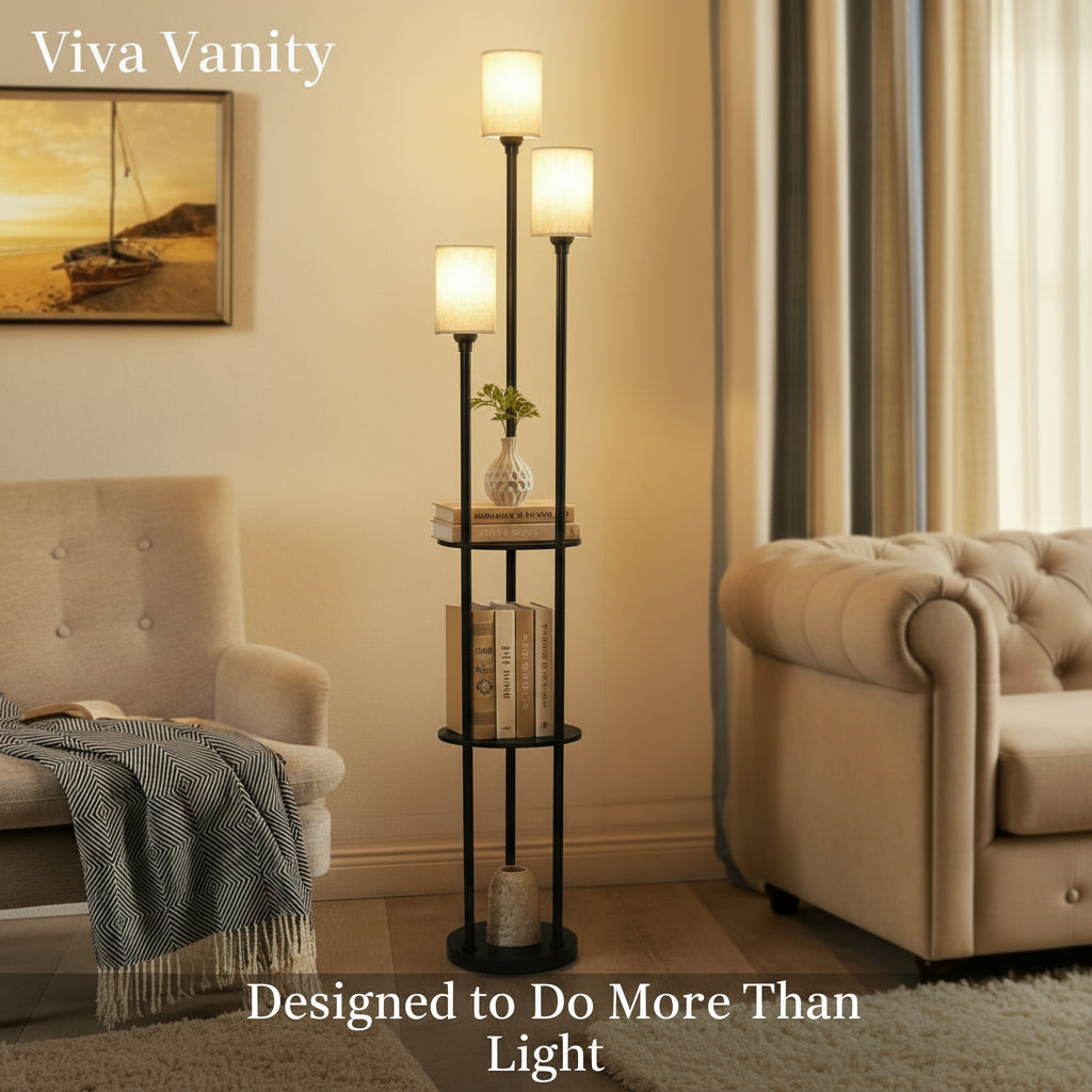 Living room with a floor lamp, books, and a couch with 'Viva Vanity' branding.