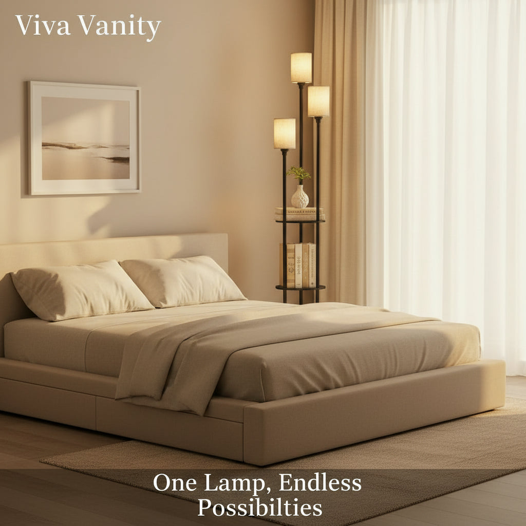 Living room with a floor lamp, books, and a couch with 'Viva Vanity' branding.