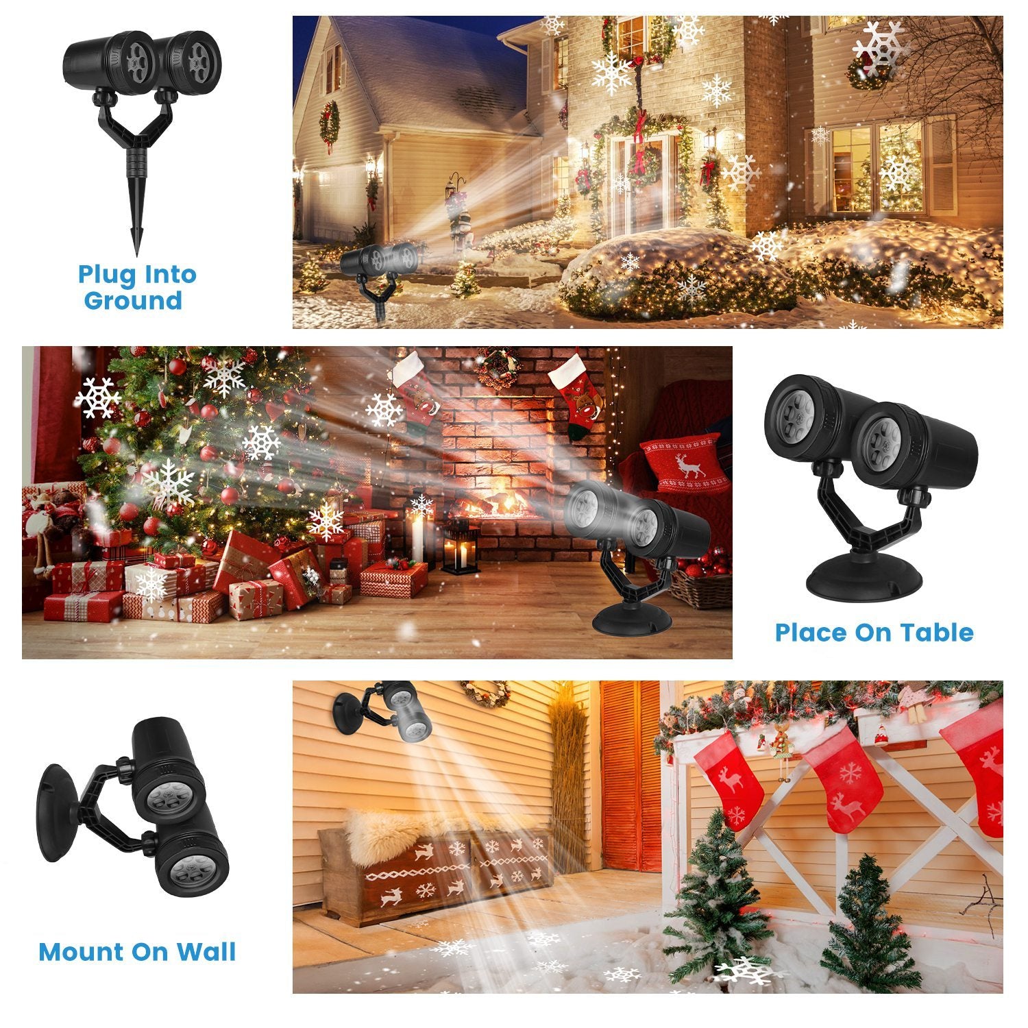 Collage of outdoor Christmas light projector in various settings including ground, wall, and table.