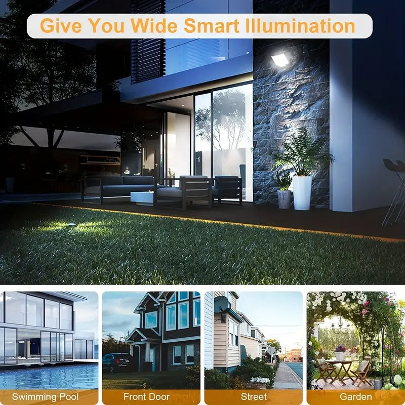 Collage of outdoor settings with text 'Give You Wide Smart Illumination' and examples of use including a swimming pool, front door, street, and garden.