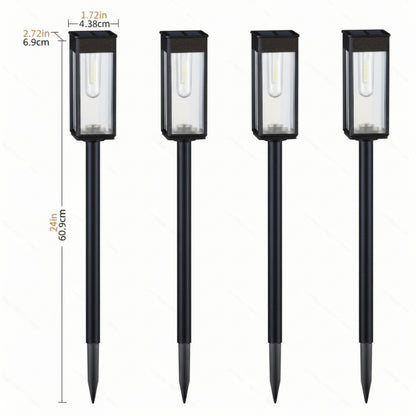 Four solar-powered outdoor lights with measurements on a white background