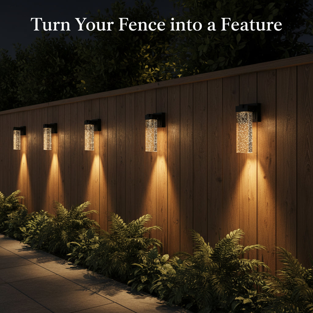 Wooden fence with outdoor wall lights and plants at night