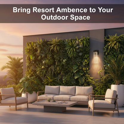 Outdoor patio with modern furniture and greenery, promoting resort ambience.