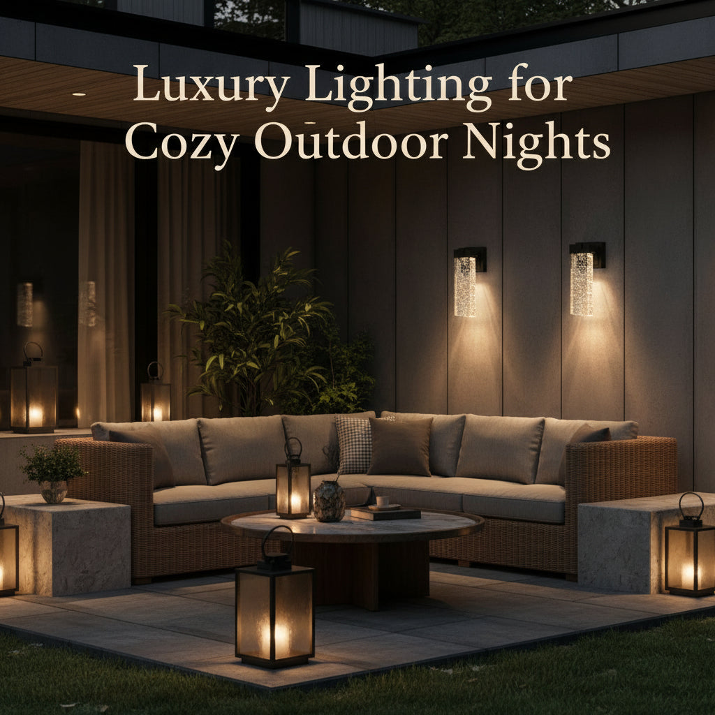 Outdoor patio with a sectional sofa, coffee table, and lanterns under text 'Luxury Lighting for Cozy Outdoor Nights'.