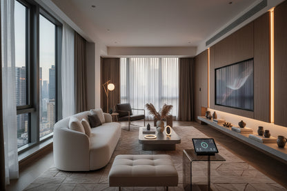 Modern living room with a large window view, white sofa, and decorative items.