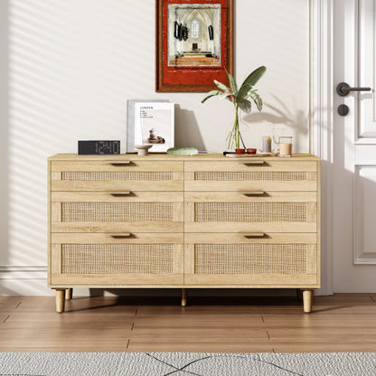 Rattan Dresser With Drawers, 6 Drawer Dresser For Bedroom, Clothes Storage Cabinet For Bedroom, Metal Handle&Wood Legs For Hallway, Living Room, Bedroom,Natural