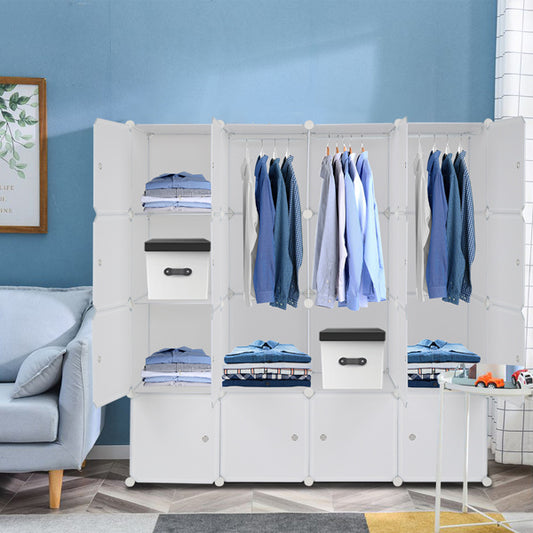 A modular white wardrobe system with translucent patterned doors, featuring hanging clothes and storage drawers.
