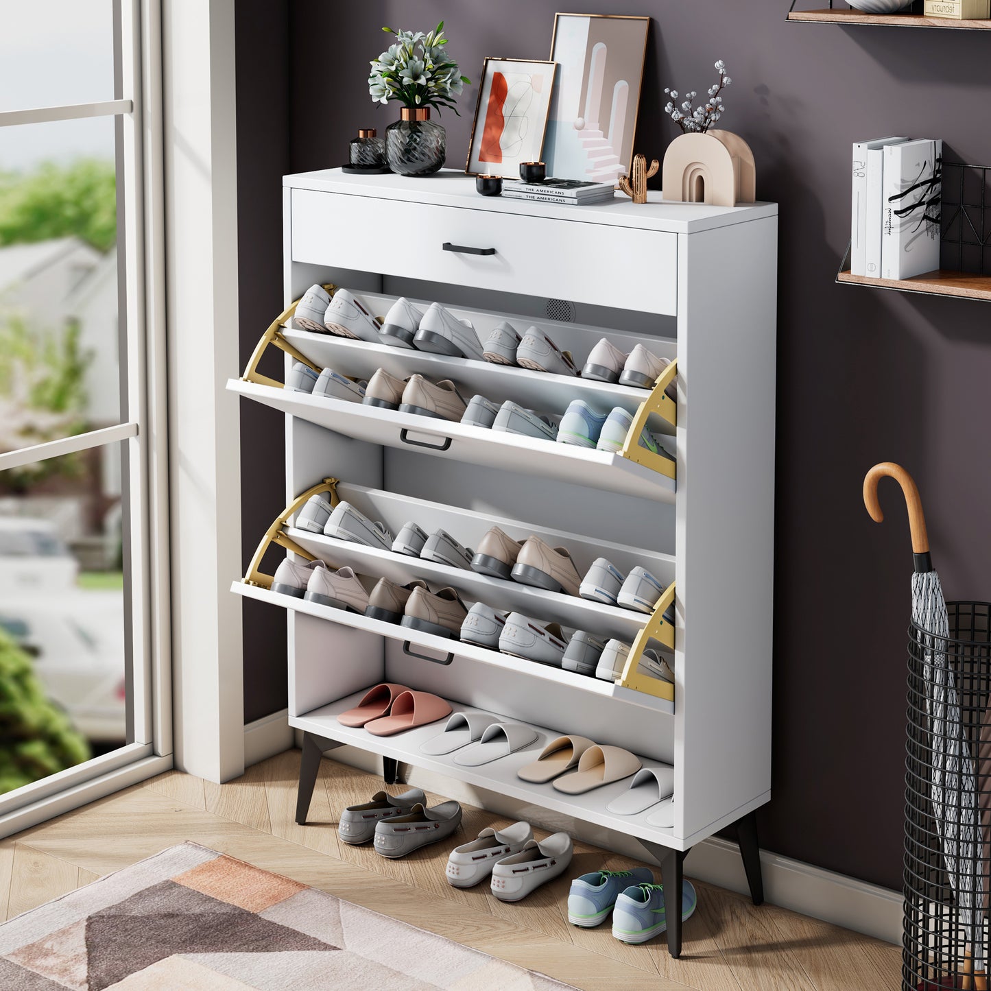 Shoe Cabinet , Shoe Storage Shelves, Metal Leg, White