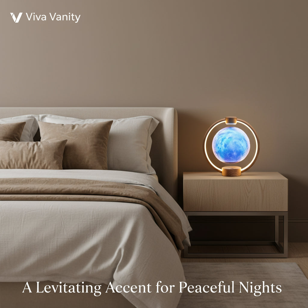 Decorative lamp with a blue sphere and wooden base on a wooden surface.