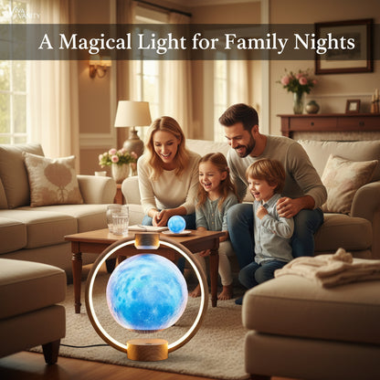 Decorative lamp with a blue sphere and wooden base on a wooden surface.