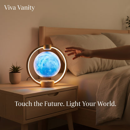 A levitating blue moon lamp with a 3D printed surface, surrounded by a circular LED light, mounted on a wooden base.