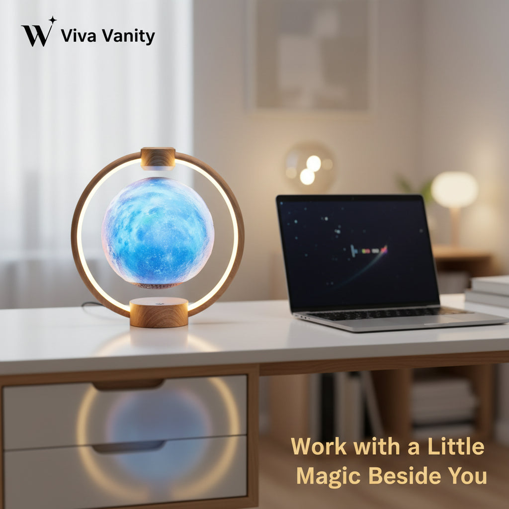 Decorative lamp with a blue sphere and wooden base on a wooden surface.