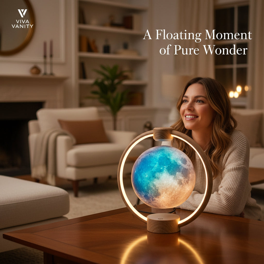 Woman holding a glowing orb in a cozy living room with 'VIVA VANITY' branding.