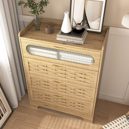 A wooden bedroom dresser with four drawers and a dressing table, featuring a light beige finish and a woven pattern on the drawer fronts.