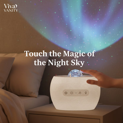 Light fixture projecting a colorful night sky with 'Viva Vanity' branding.