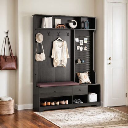 Black Hall Tree with Bench, Storage & Pegboard | Viva