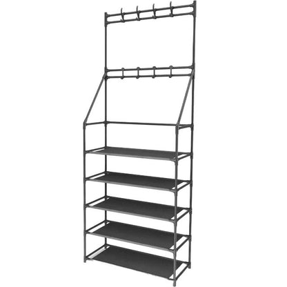 shoe and hat rack in a modern home setting