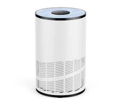 White air purifier with a blue light on a white background