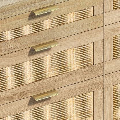 Rattan Dresser With Drawers, 6 Drawer Dresser For Bedroom, Clothes Storage Cabinet For Bedroom, Metal Handle&Wood Legs For Hallway, Living Room, Bedroom,Natural