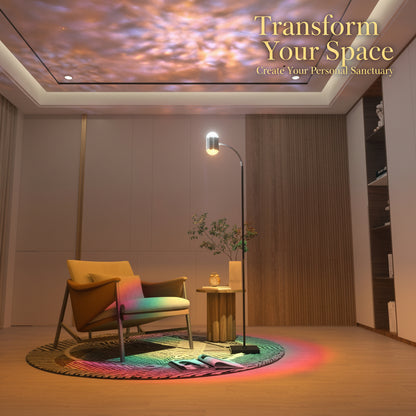 Modern living room with a colorful rug, armchair, and ceiling projection.