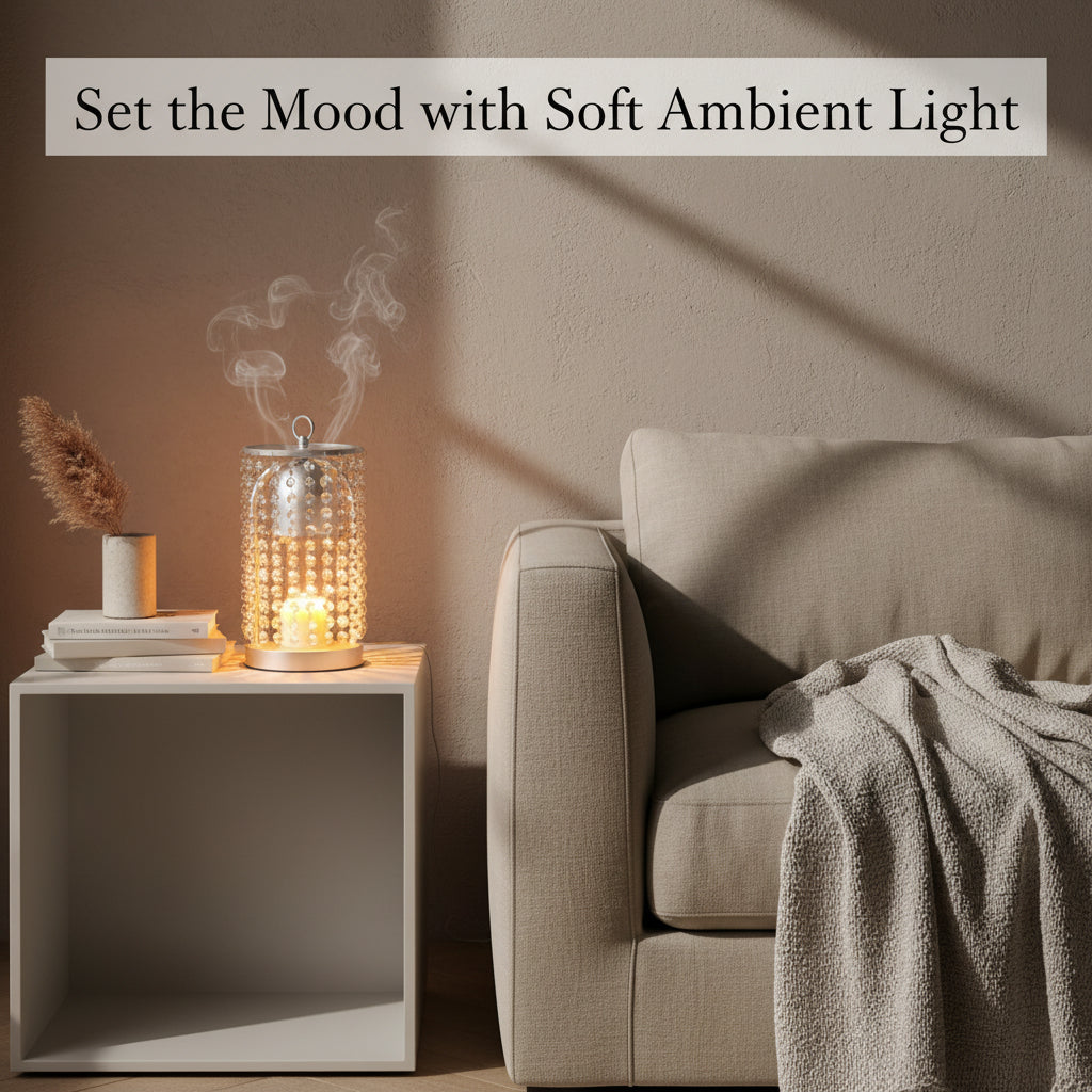 Decorative lamp with beaded design on a table next to a book and plant