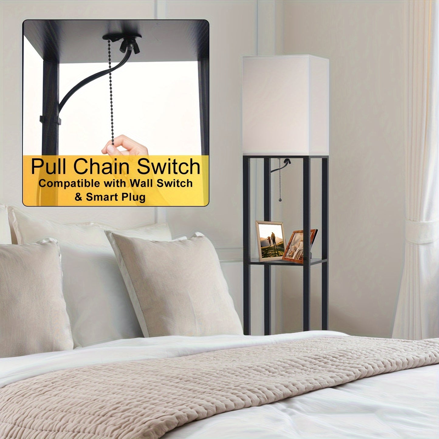 floor lamp with shelf as a bedside lighting option
