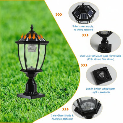 Solar-powered outdoor lamp with features highlighted on a grassy background