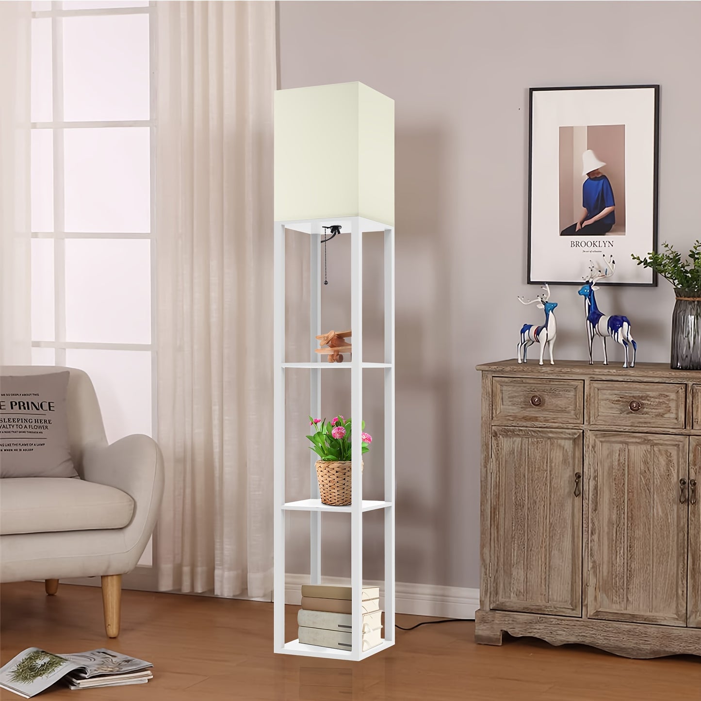 floor lamp with shelf beside a reading chair
