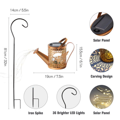 Garden light with solar panel, iron spike, and LED lights, featuring dimensions and design details.