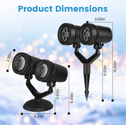 Two black outdoor light projectors with measurements on a blurred background