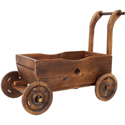 Wooden Wagon Planter Box – Mobile Garden Planter with 4 Wheels & Handle | Rustic Outdoor & Indoor Decorative Flower Cart
