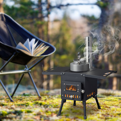 Black Wrought Iron Camping Stove with Chimney – Durable & Efficient Outdoor Cooking