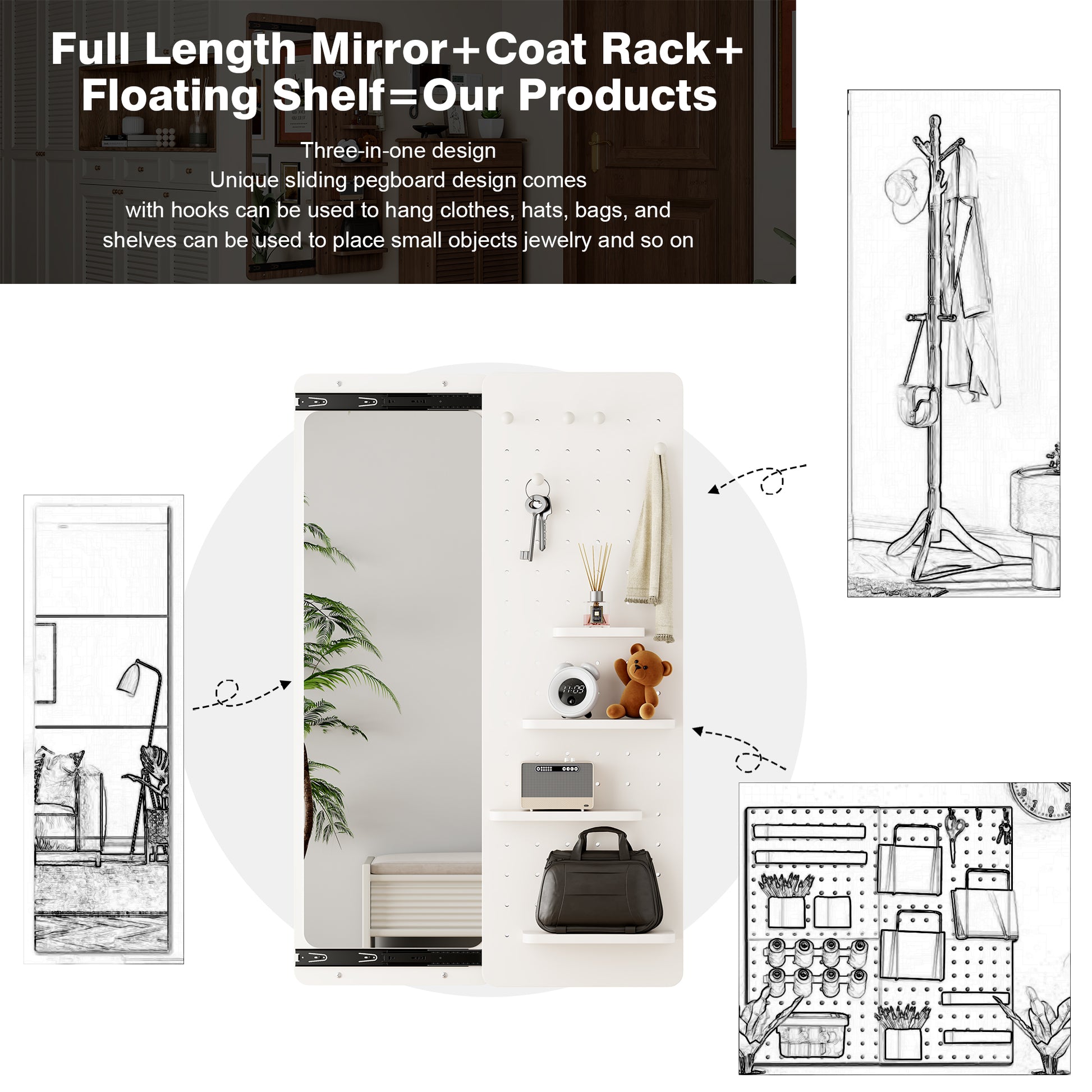 full length wall mirror 47 6" panel mirror with hidden product detail view