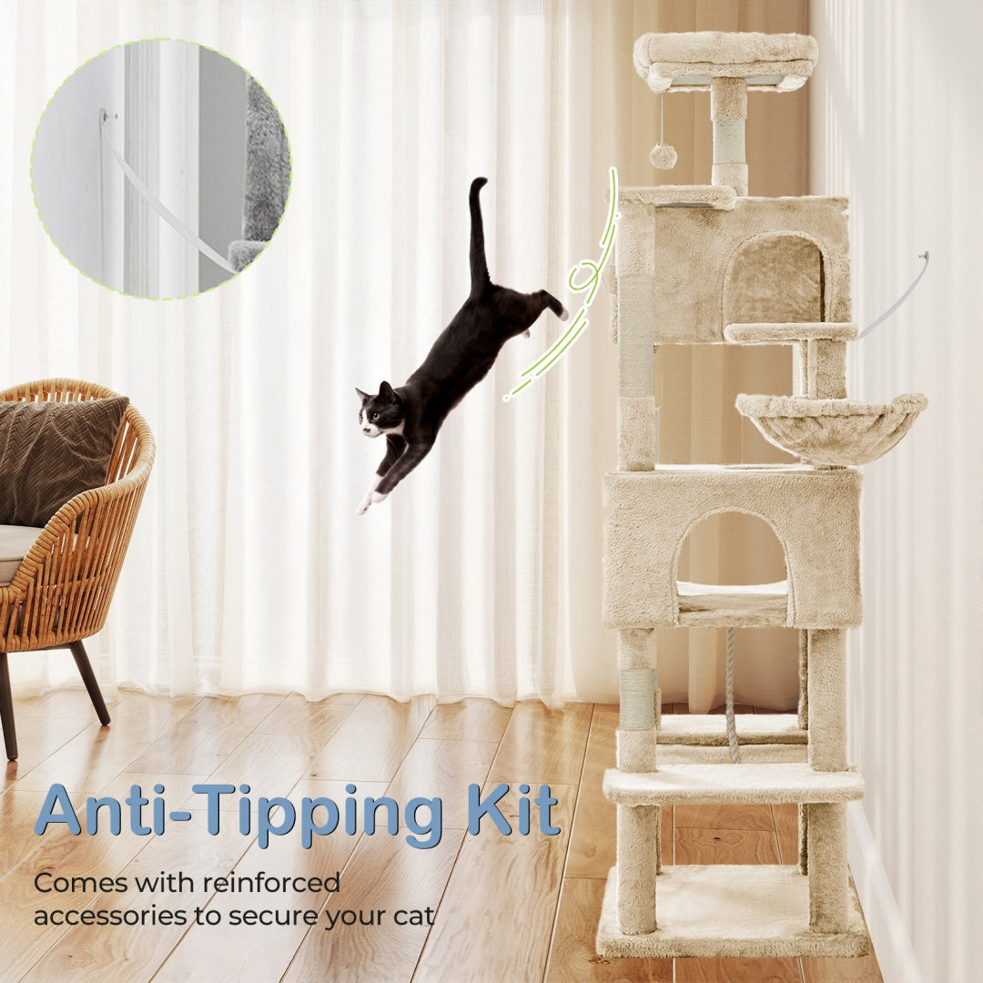 Cat climbing tree with anti-tipping kit feature in a room setting