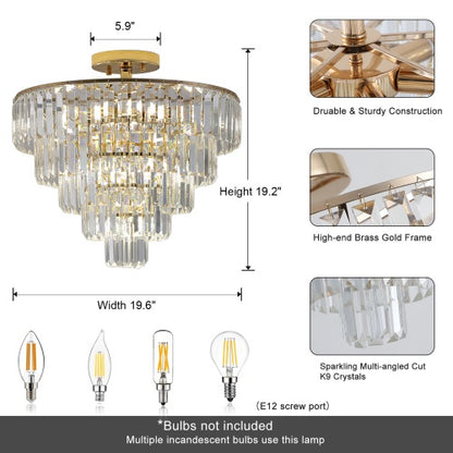 Golden Crystal Chandelier - 5-Layer Round Semi-Recessed Luxury Chandelier