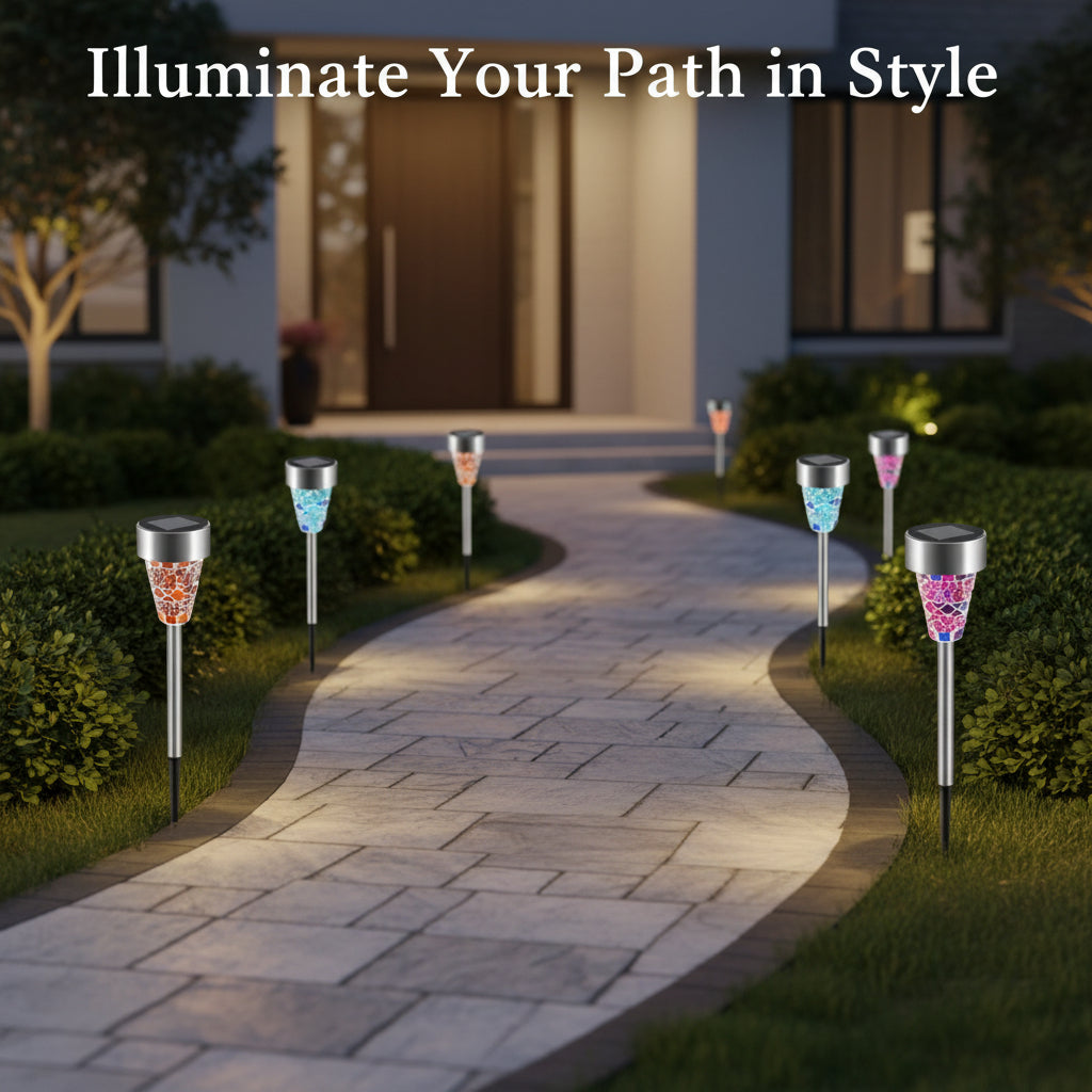 Set of six colorful solar-powered garden lights on a white background