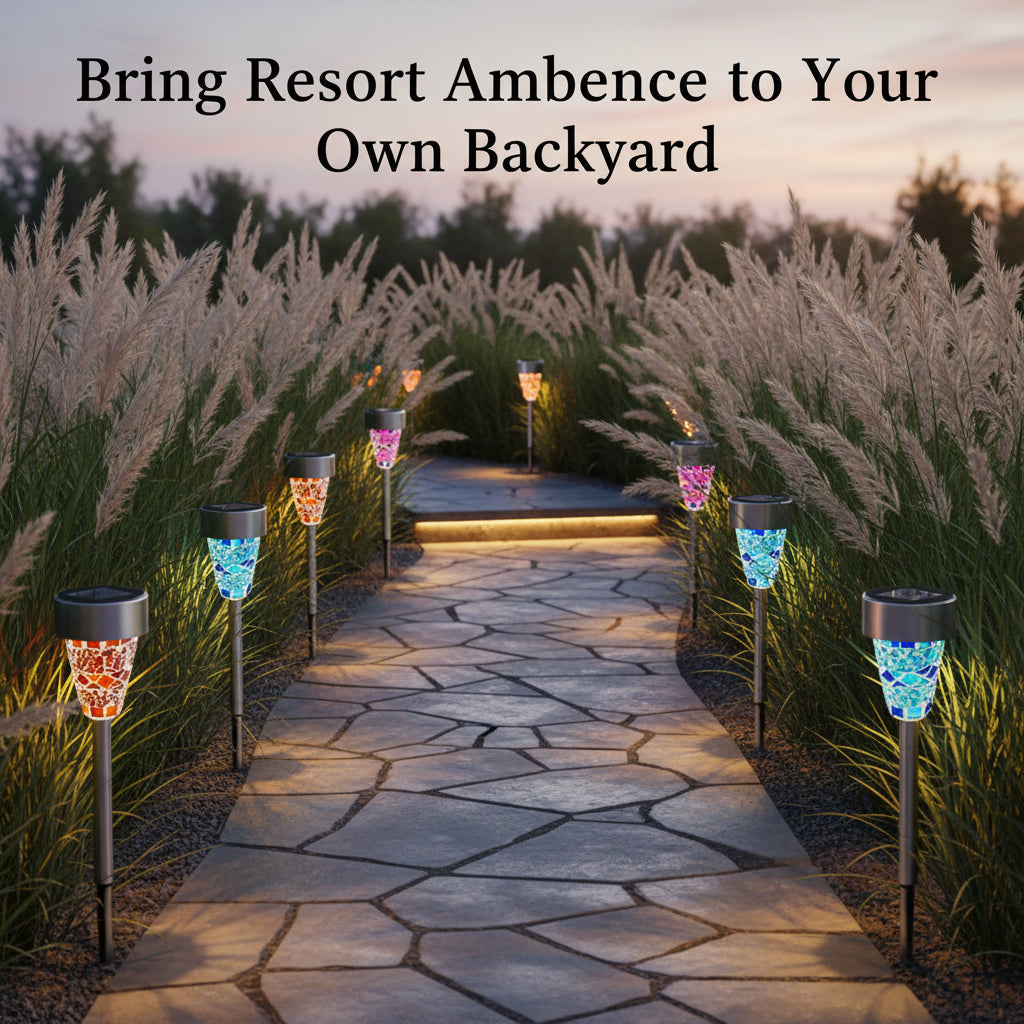 Set of six colorful solar-powered garden lights on a white background