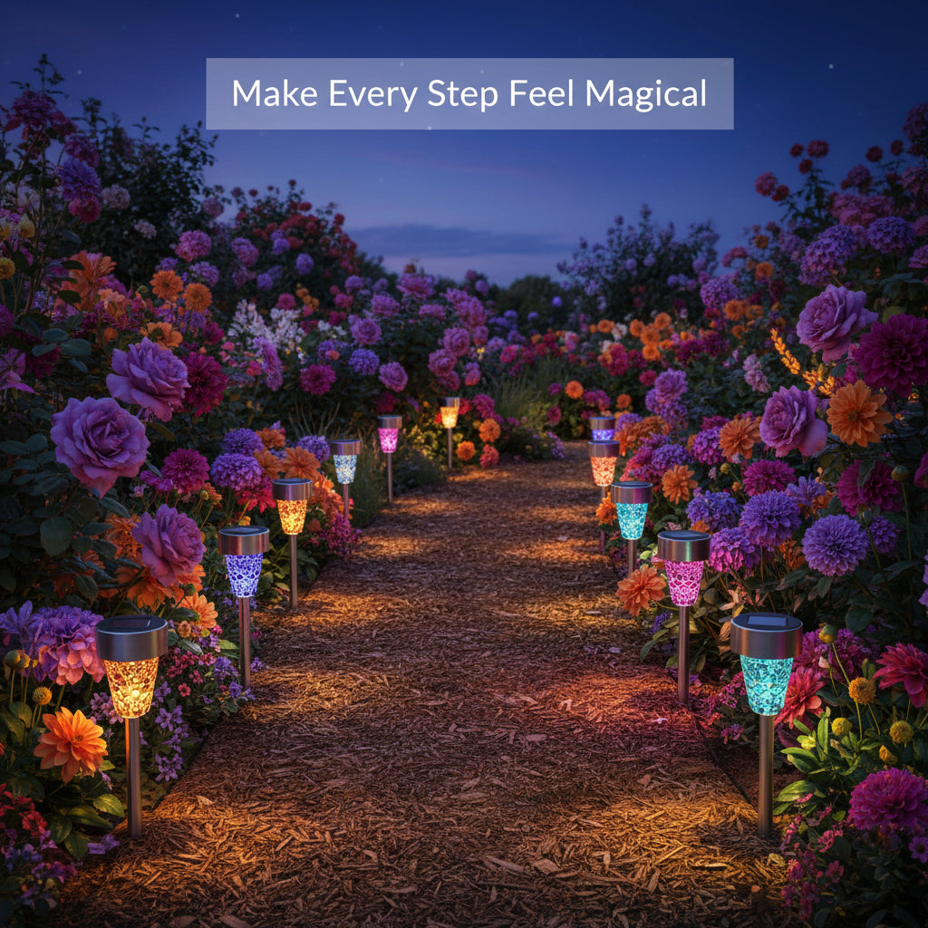 Set of six colorful solar-powered garden lights on a white background